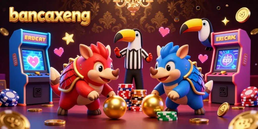 Engage in thrilling gameplay with bancaxeng, where rival pangolins compete amidst colorful arcade machines and golden coins.