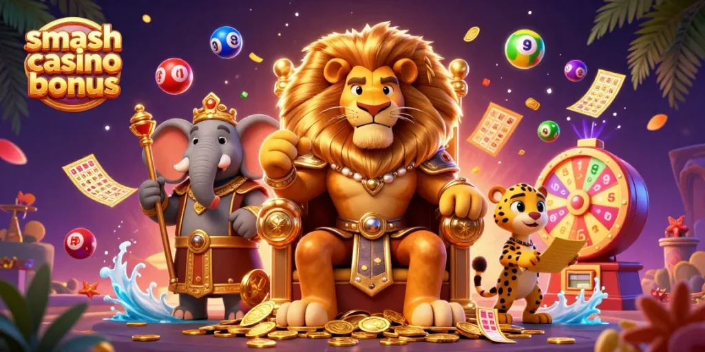 Profitez du smash casino bonus avec des personnages animés illustrant des jeux de loterie palpitants.