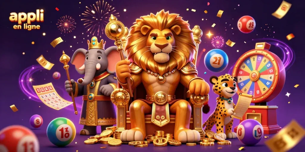 Appli casino en ligne : lion roi et ses conseillers dans une scène de loterie dynamique.