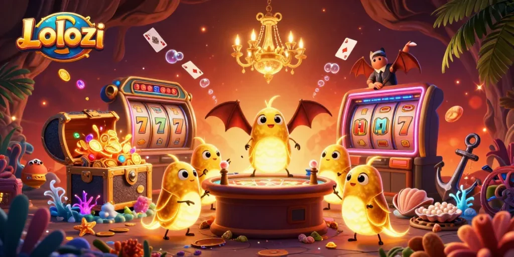 Lolozi players enjoying a vibrant 3D cave casino scene with glowworms and dynamic slot elements.