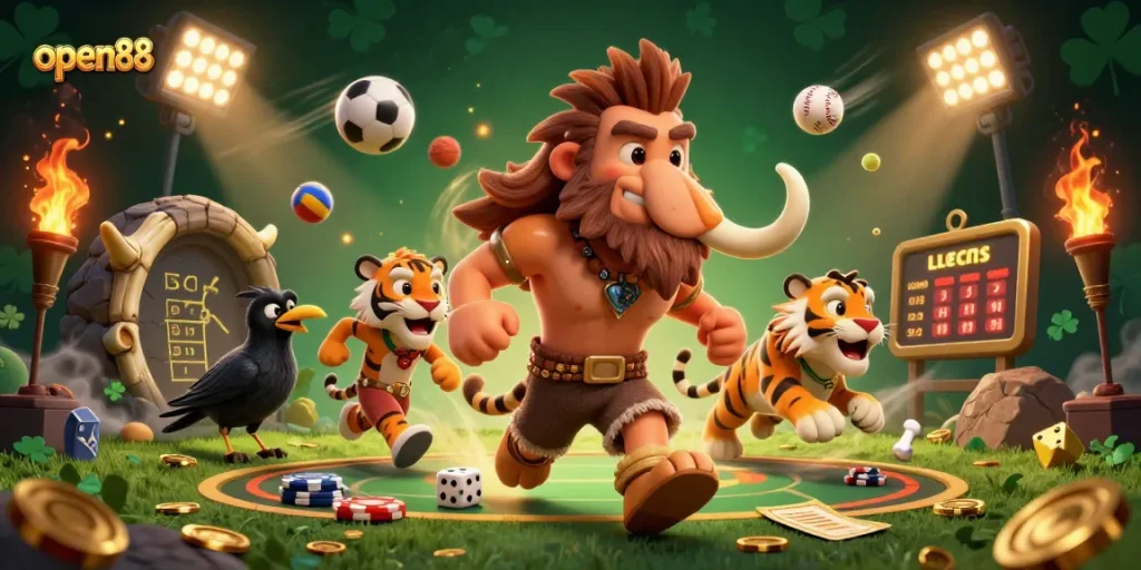 Experience the thrill of open88’s prehistoric casino adventure with cavemen and sabertooth tigers.