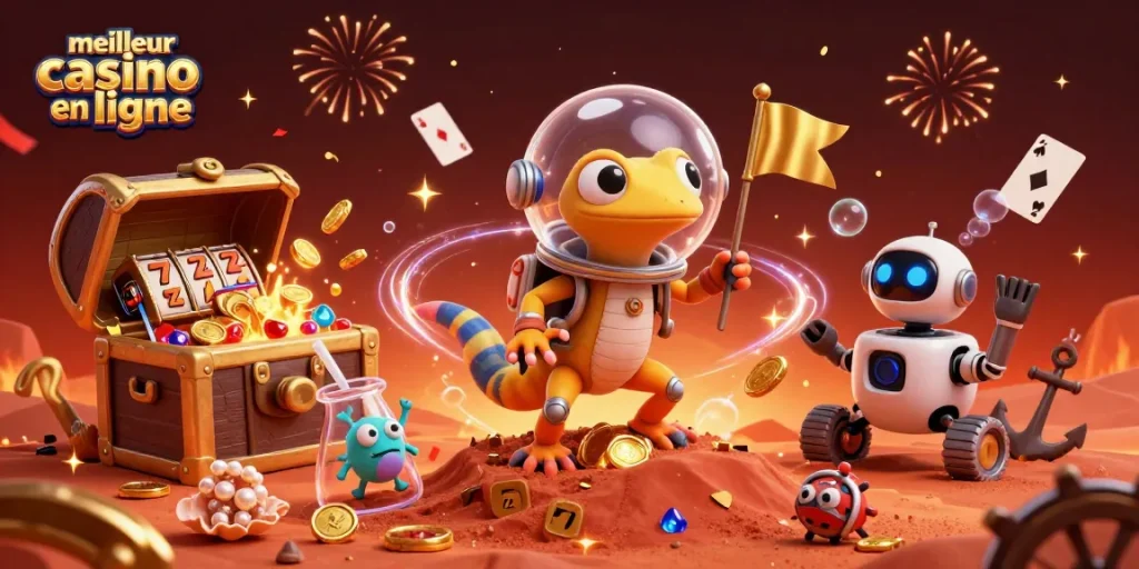 Illustration dynamique du meilleur casino en ligne avec un gecko martien découvrant des trésors sur Mars.