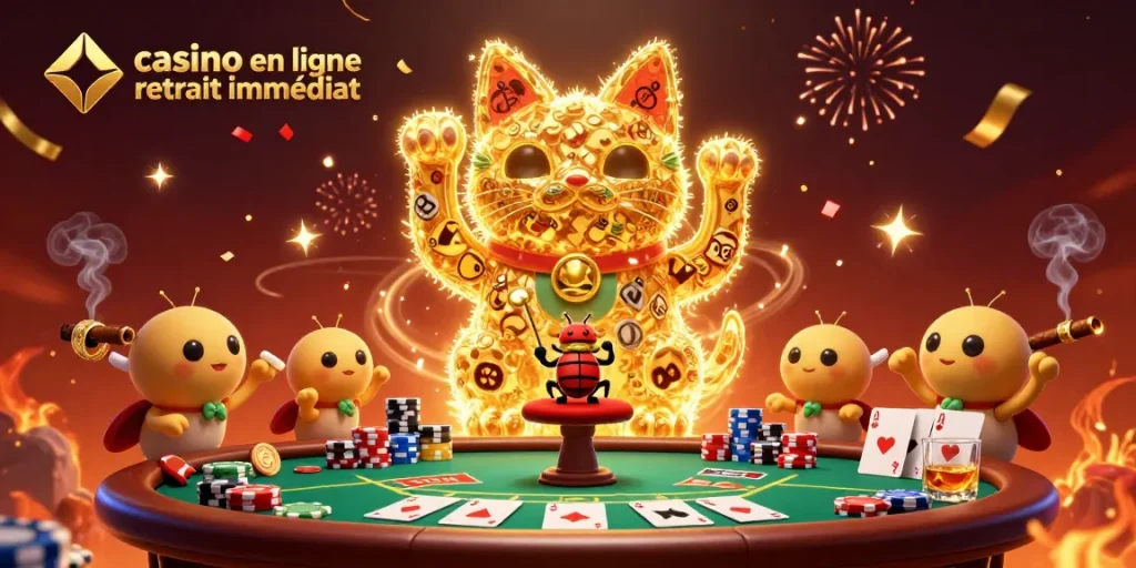 Jeu captivant au casino en ligne retrait immédiat avec un chat porte-bonheur et des symboles de casino.