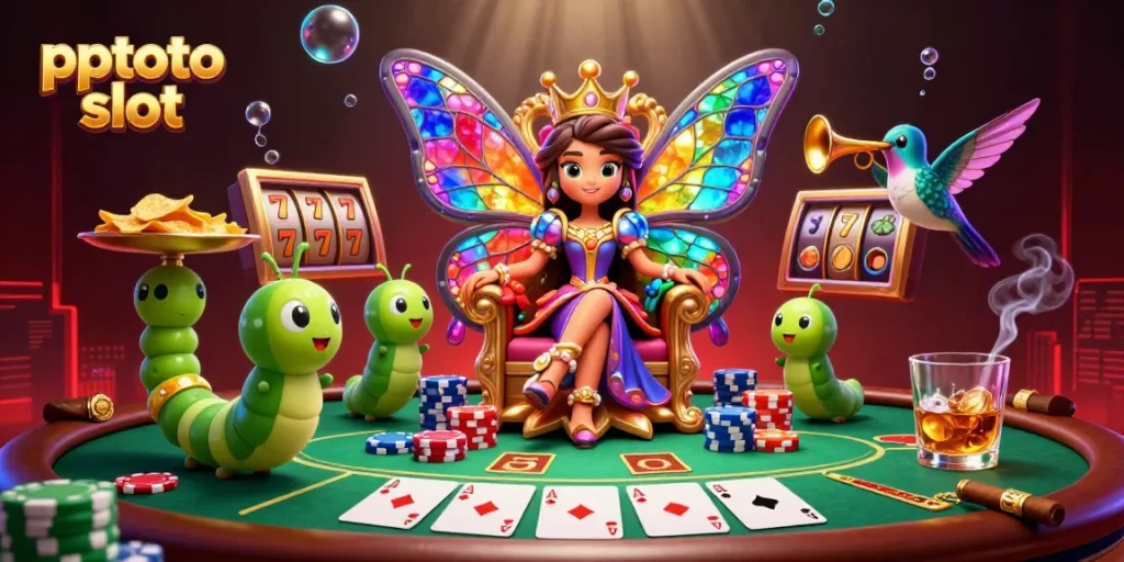 Experience the excitement of pptoto slot with a vibrant 3D illustration featuring a butterfly queen and casino elements.