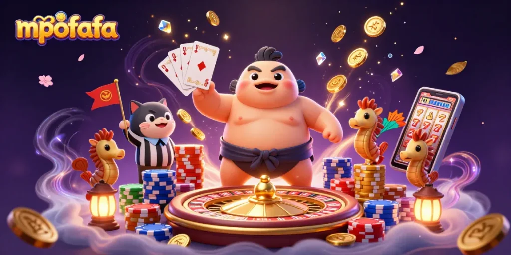 Engage with mpofafa's lively casino scene featuring a blowfish sumo, catfish referee, and thrilling games.