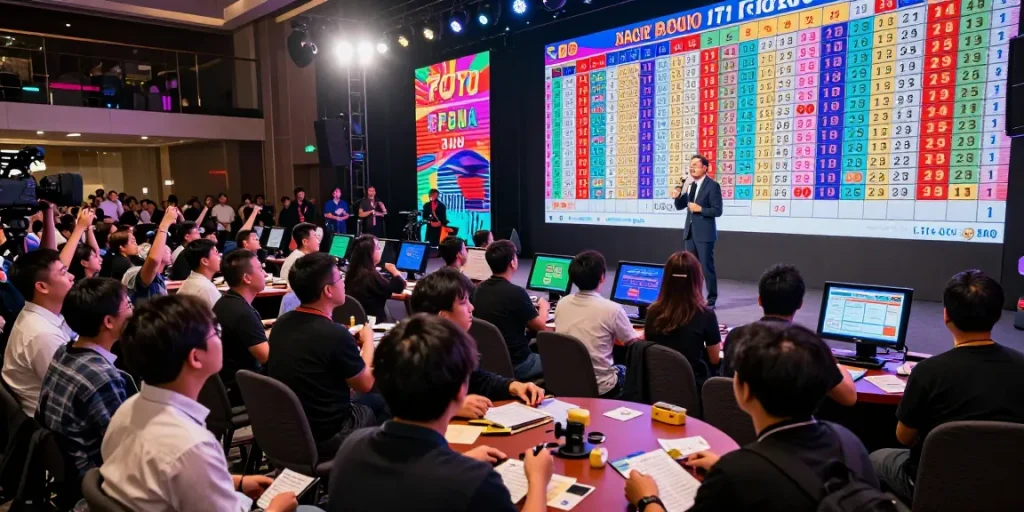 Exciting scene at a toto macau live draw event with enthusiastic crowd and real-time results.