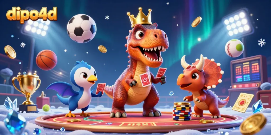 Engage with dipo4d as a friendly T-Rex shuffles cards, assisted by a pterodactyl, amid flying sports balls and golden chips in a vibrant casino scene.