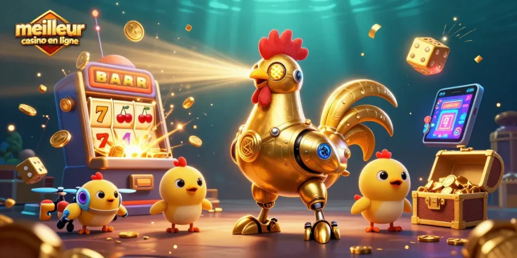 Illustration dynamique représentant le meilleur casino en ligne avec un robot-coq doré et des drones volants.