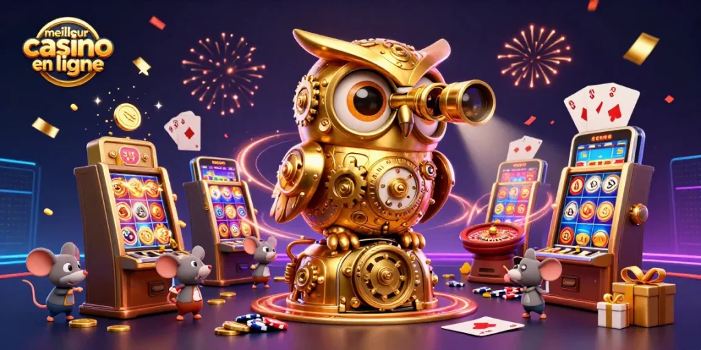 Revivez l'excitation du meilleur casino en ligne avec une illustration de casino dynamique, mettant en avant un hibou doré et des souris.