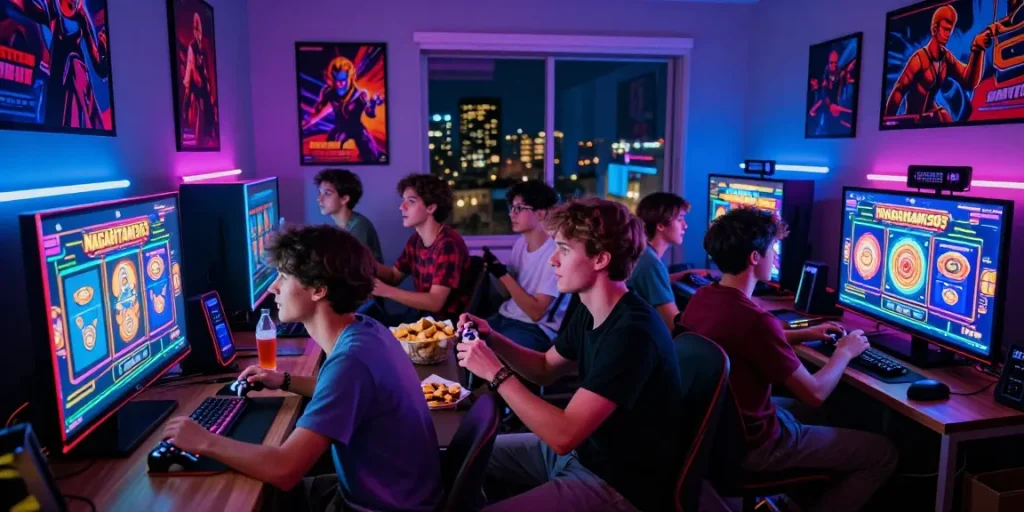 Exciting scene of friends enjoying Nagahitam303 Slot gaming night with neon lights and snacks.