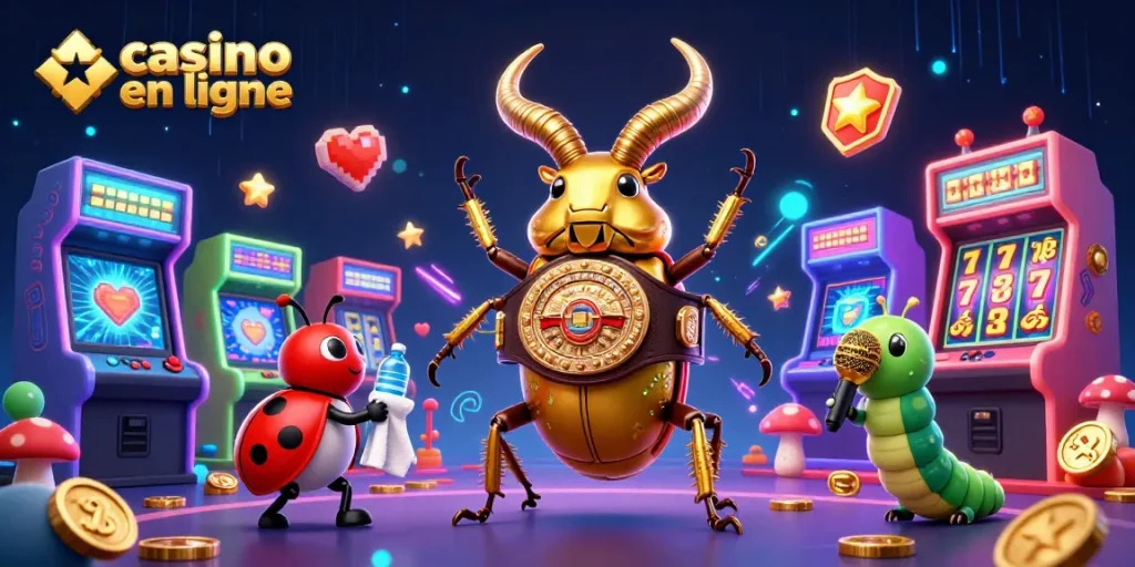Activer le jackpot sur un casino en ligne avec un coléoptère doré et une scène dynamique de jeu.