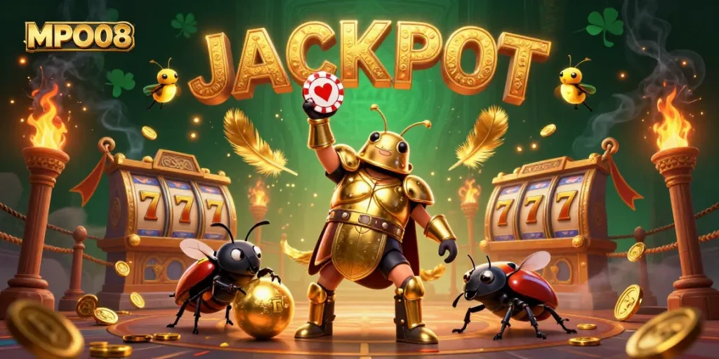 MPO08 delivers excitement with golden poker chips and animated beetles celebrating a jackpot.