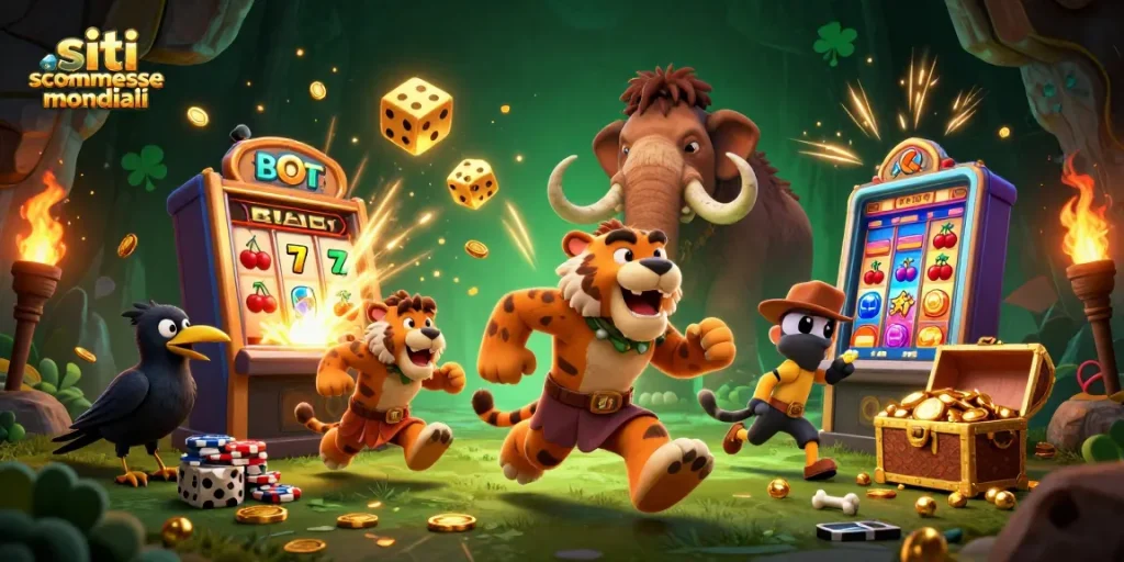 Scommetti sui siti scommesse mondiali con il caveman, la tigre e il corvo che gestiscono un casinò preistorico.