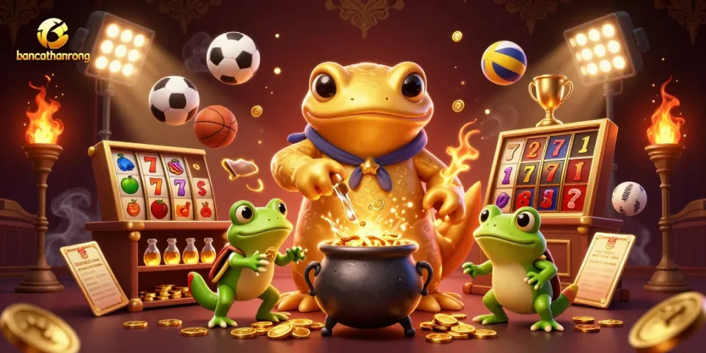 Bancathanrong showcases lively 3D alchemists conjuring gold in a vibrant casino scene with slot machine elements.