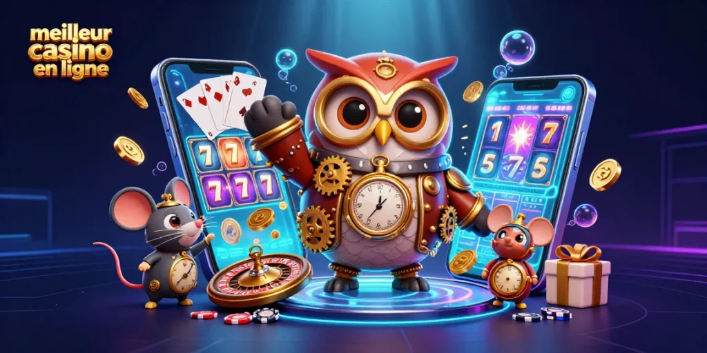 Illustration 3D d'un meilleur casino en ligne avec un hibou steampunk et des éléments de jeu captivants.