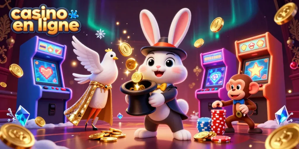 Une illustration de casino en ligne où un lapin magicien tire des pièces d'or d'un chapeau, avec des jeux colorés autour.