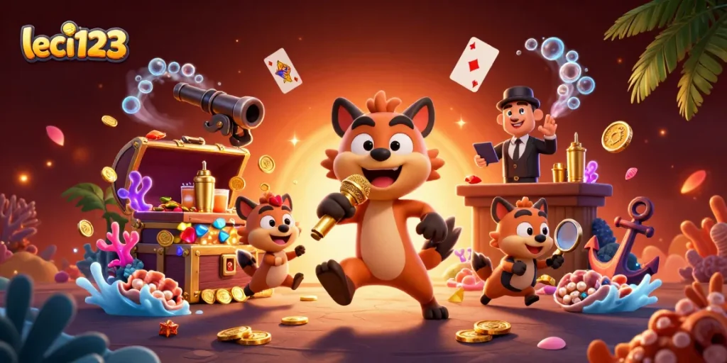 Leci123 casino scene with hyenas in a comedy club, featuring vibrant gaming elements.